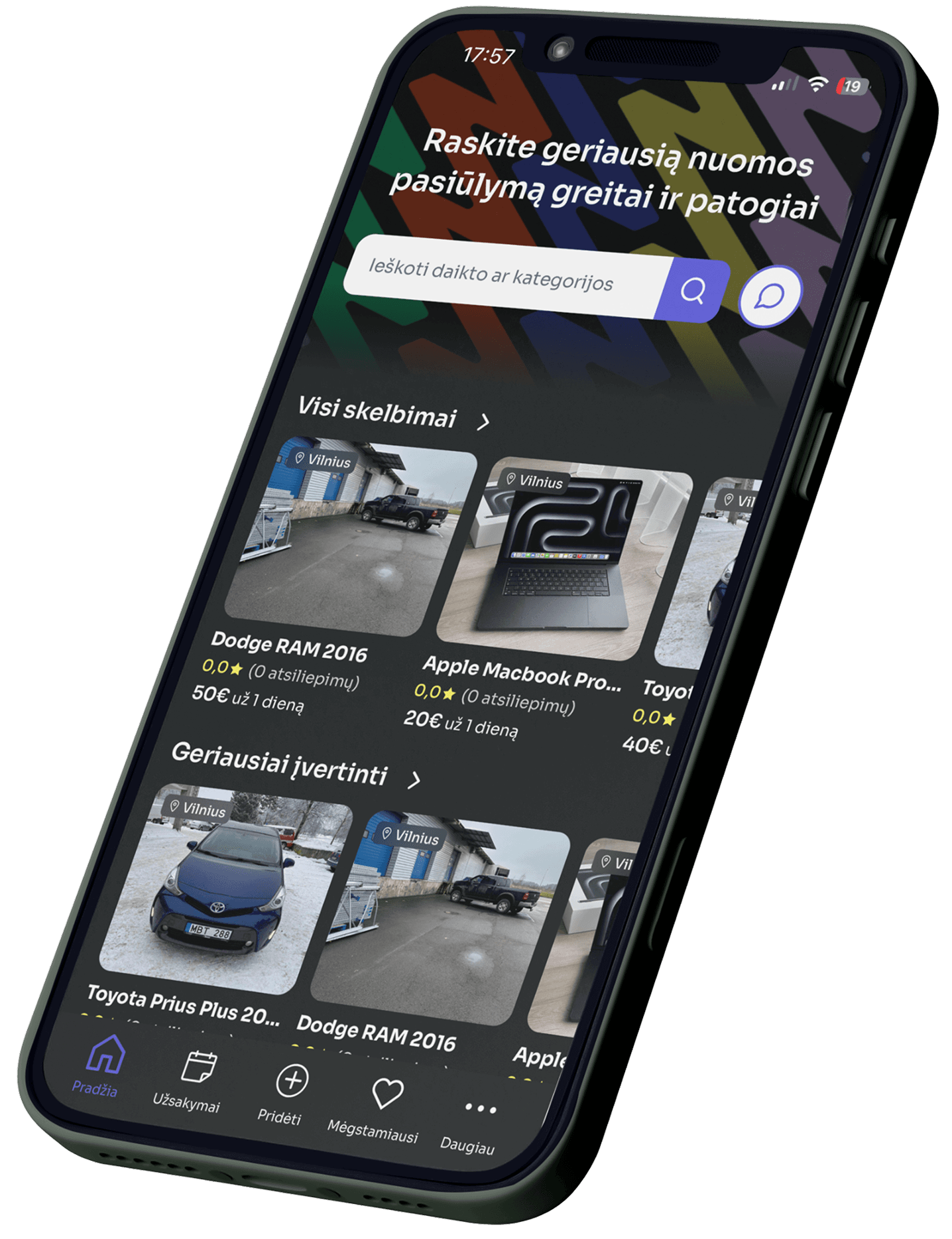 Item rental listings in the Naudokis app