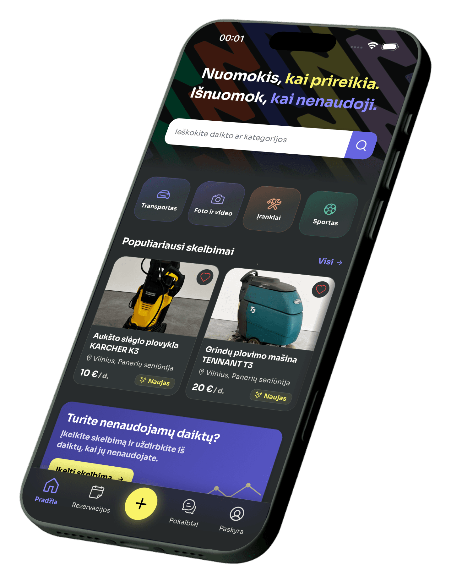 Item rental listings in the Naudokis app