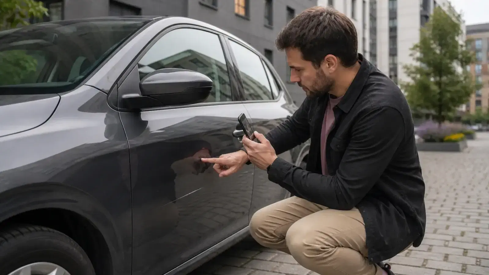 Vairuotojas telefonu fotografuoja įbrėžimą ant nuomojamo automobilio prieš kelionę