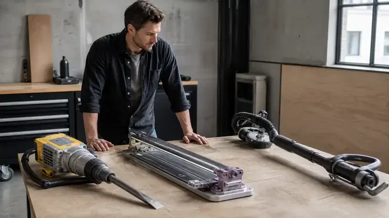 A renovator compares a demolition hammer, tile cutter and wall sander in a workshop