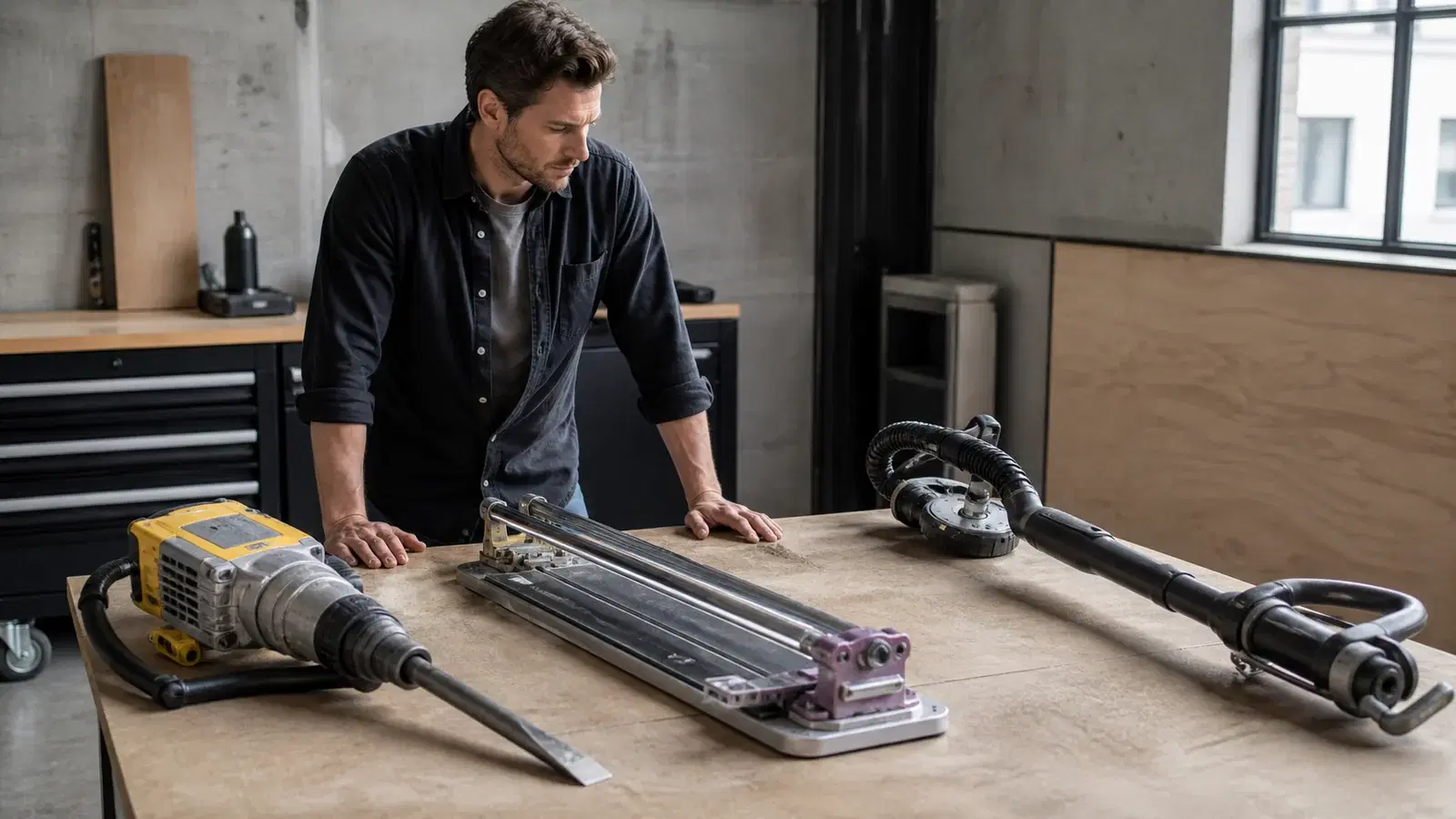 A renovator compares a demolition hammer, tile cutter and wall sander in a workshop