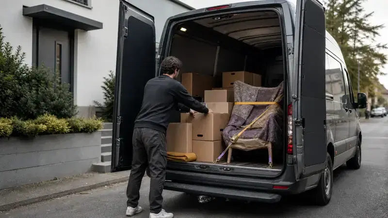 A person safely loads boxes and a strapped piece of furniture into a cargo van