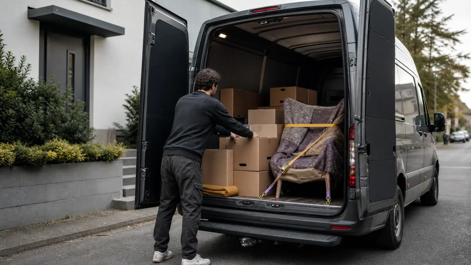 A person safely loads boxes and a strapped piece of furniture into a cargo van